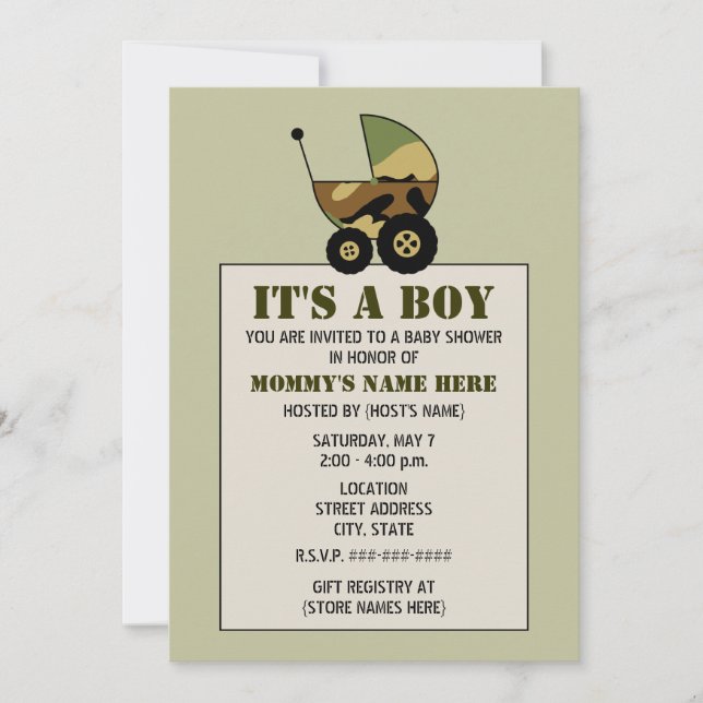 Military Inspired Camoflauge Baby Stroller Shower Invitation (Front)
