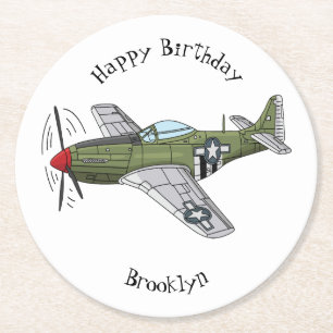 Military plane cartoon illustration  round paper coaster
