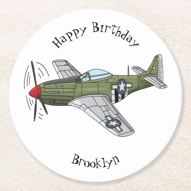 Military plane cartoon illustration  round paper coaster (Front)