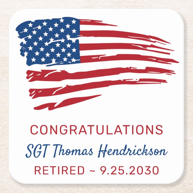 Military Retirement Party American Flag Patriotic Square Paper Coaster (Front)