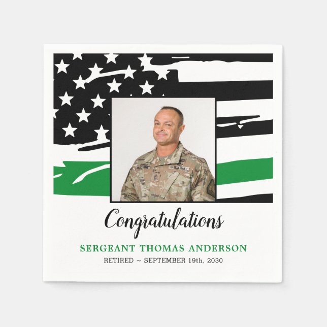 Military Retirement Party Custom Photo Green Flag Napkin (Front)