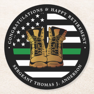 Military Retirement Party Thin Green Line Boots Round Paper Coaster