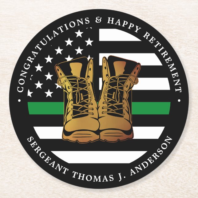Military Retirement Party Thin Green Line Boots Round Paper Coaster (Front)
