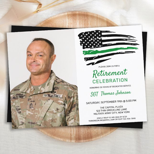 Military Retirement Photo Thin Green Line Flag Inv Invitation (Creator Uploaded)