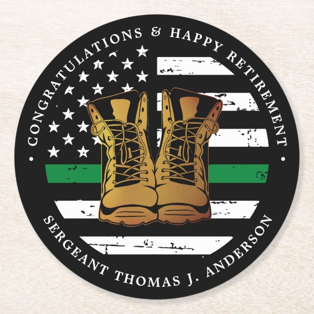 Military Retirement Thin Green Line Flag Army Round Paper Coaster (Front)