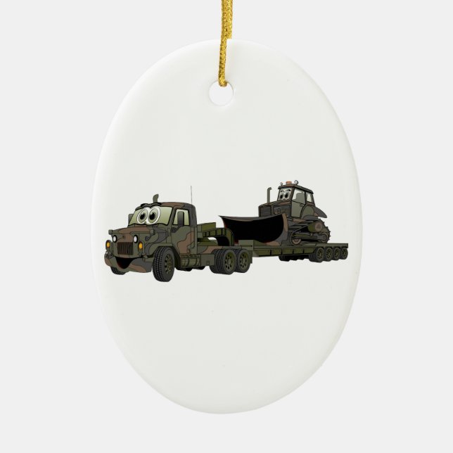 Military Semi Bulldozer Flatbed Cartoon Ceramic Ornament (Front)