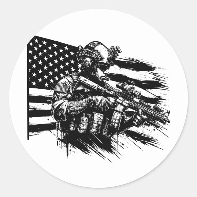 Military Soldier American USA Flag Patriotic Art  Classic Round Sticker (Front)
