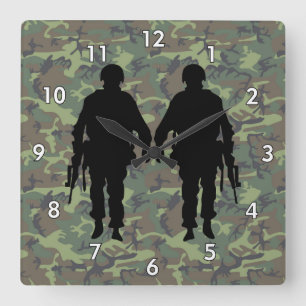 Military Soldier / Warrior Silhouette with Camo Square Wall Clock