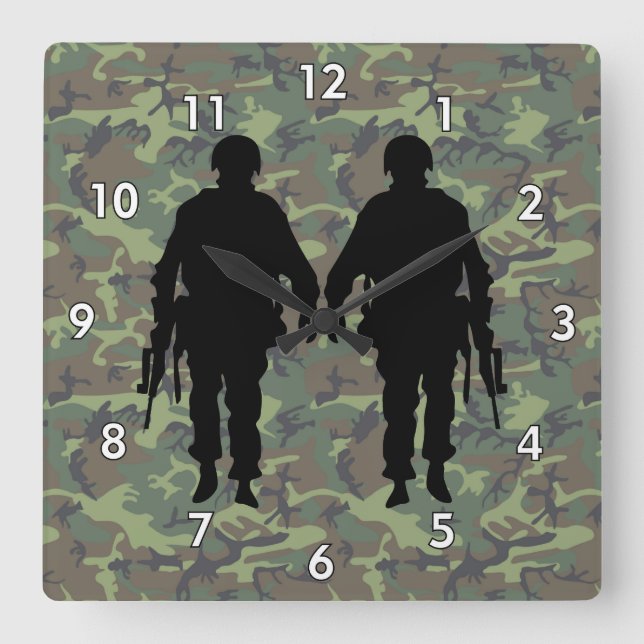 Military Soldier / Warrior Silhouette with Camo Square Wall Clock (Front)