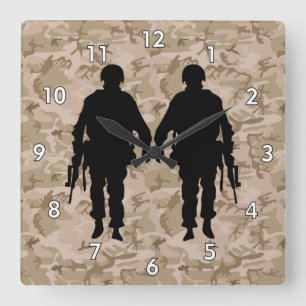 Military Soldier / Warrior Silhouette with Camo Square Wall Clock