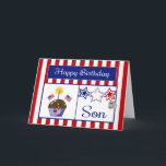Military Son Birthday Card<br><div class="desc">This Patriotic Birthday Card will make your military son smile. It features a red and white striped background, chocolate cupcake with stars, American Flags, a flag heart and a candle, red, white & blue stars, a dog tag embossed with "USA" and a blue banner with the text "Happy Birthday" in...</div>