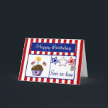 Military Son-in-law Birthday Card<br><div class="desc">This Patriotic Birthday Card will make your military Son-in-law smile. This colourful card features a red and white striped background, chocolate cupcake with stars, American Flags, a flag heart and a candle, red, white & blue stars, a dog tag embossed with "USA" and a blue banner with the text "Happy...</div>