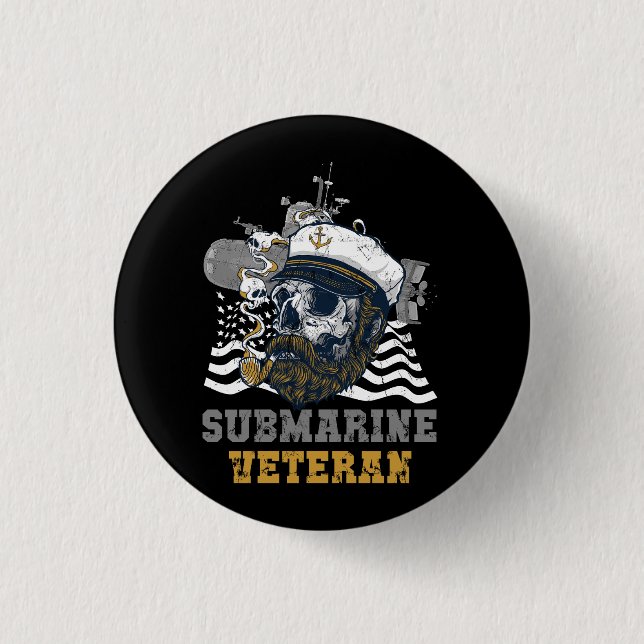 Military Submarine Veteran Submariner Skull Captai 1 Inch Round Button (Front)