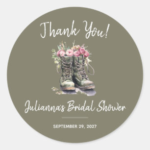 Military Themed Bridal Shower, Boots, Floral, Army Classic Round Sticker