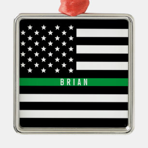 Military Thin Green Line American Flag Monogram Metal Ornament