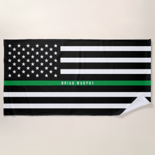 Military Thin Green Line Flag Monogrammed Beach Towel