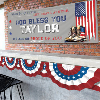 Military US Flag Boots 2.5x6 GRAY Going Away Party Banner