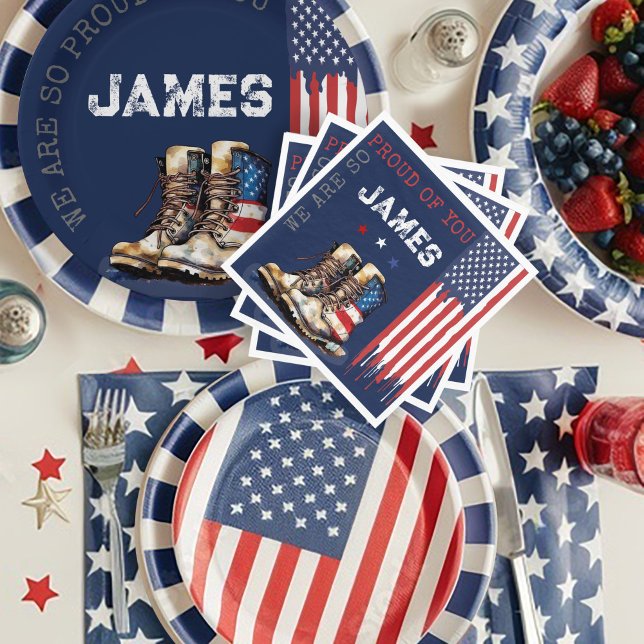 Military US Flag Boots BLUE Going Away Party Napkin (Patriotic Military Party US Flag Combat Boots going away farewell party table decor plates napkins)