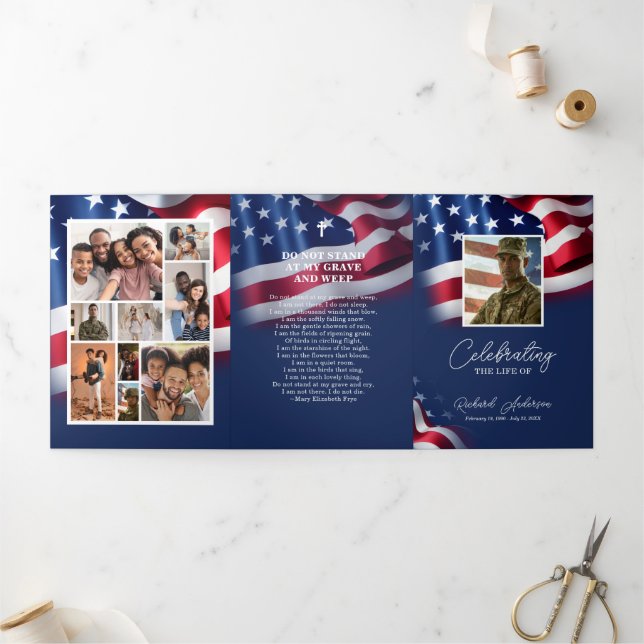 Military Veteran Celebration Of Life, USA flag  Tri-Fold Programme (Outside)