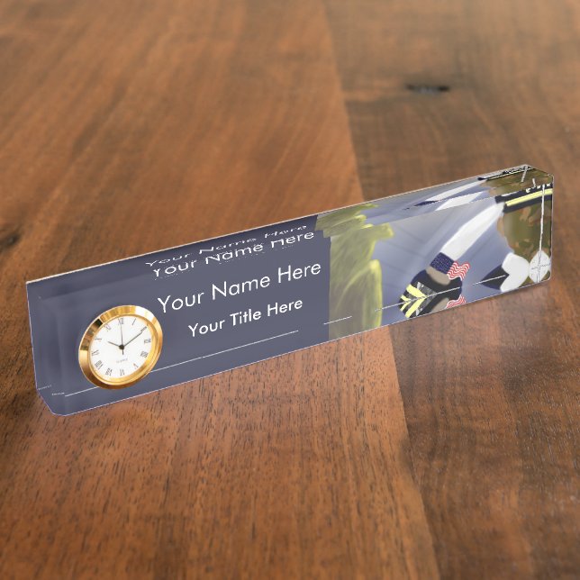 Military Veteran Desk Nameplate with Clock (Side)