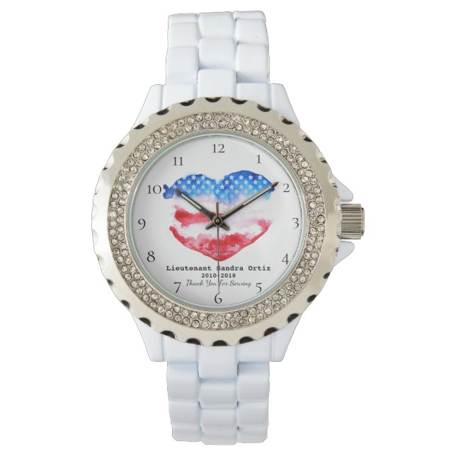 *~* Military Veteran Mom Red White Blue Heart Flag Watch (Front)