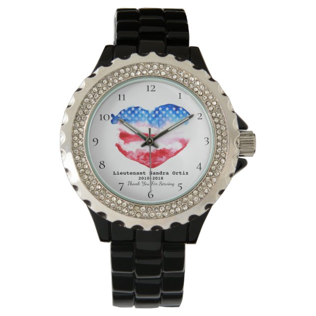 *~* Military Veteran Red White Blue Heart Flag Watch (Front)
