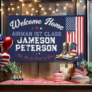 Military Welcome Home US Flag Boots Patriotic Banner