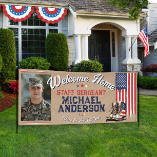Military Welcome Home US Flag Boots Rustic Photo Banner