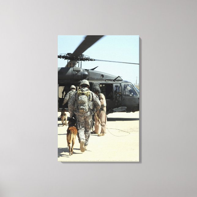 Military working dog handlers board a helicopte canvas print (Front)