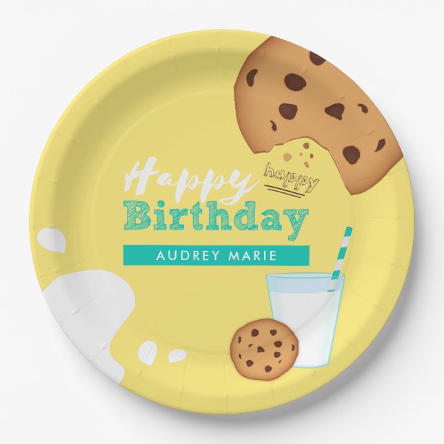 Milk and Chocolate Chip Cookies Happy Birthday Paper Plate (Front)