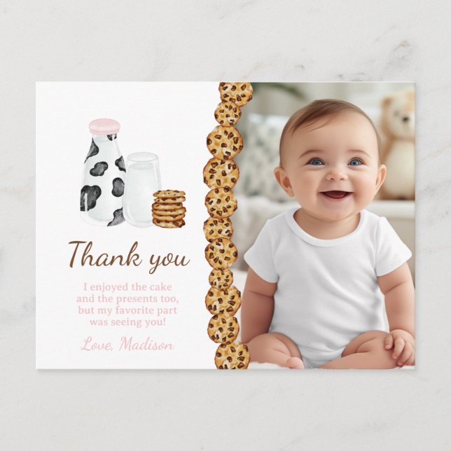 Milk and cookie birthday party thank you favour postcard (Front)
