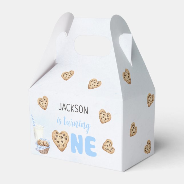 Milk and Cookies Blue 1st Birthday Party Favor Box (Front Side)