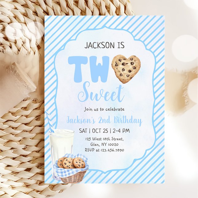 Milk and Cookies Blue Two Sweet 2nd Birthday Party Invitation (Creator Uploaded)