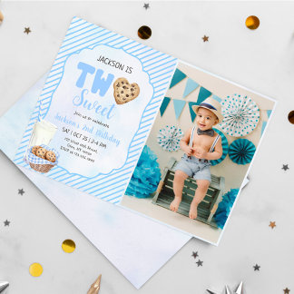 Milk and Cookies Blue Two Sweet 2nd Birthday Photo Invitation