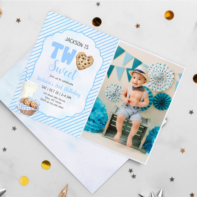 Milk and Cookies Blue Two Sweet 2nd Birthday Photo Invitation (Creator Uploaded)
