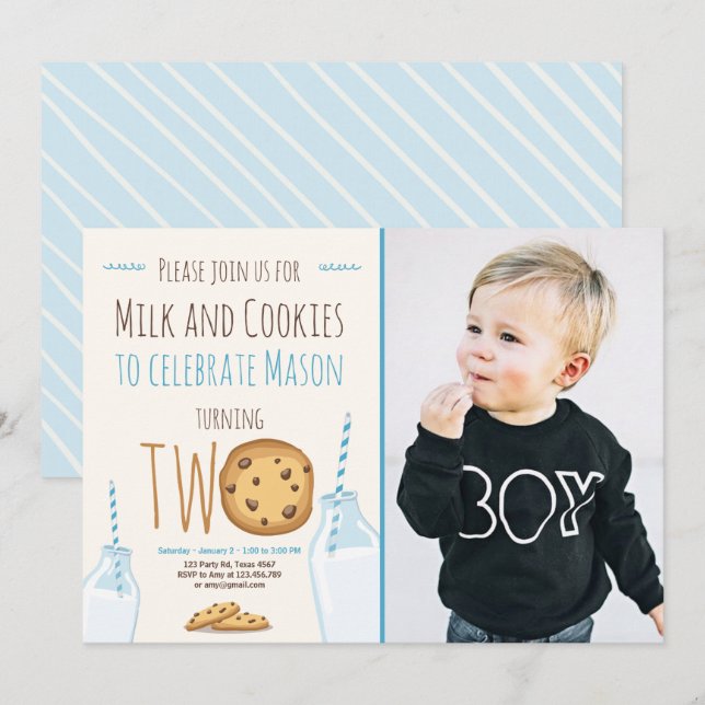Milk and Cookies Boy Blue Second Birthday Invitation (Front/Back)