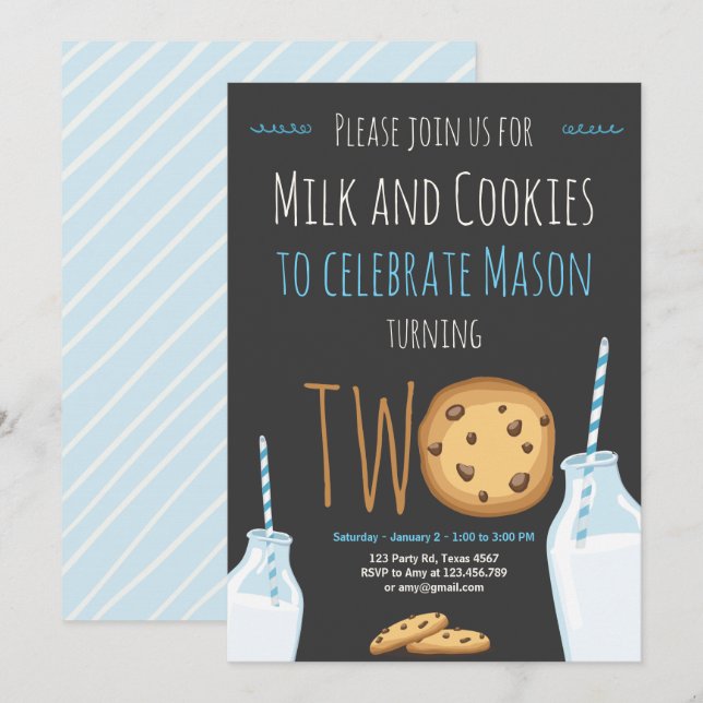 Milk and Cookies Boy Blue Second Birthday Invitation (Front/Back)