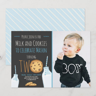 Milk and Cookies Boy Blue Second Birthday Invitation
