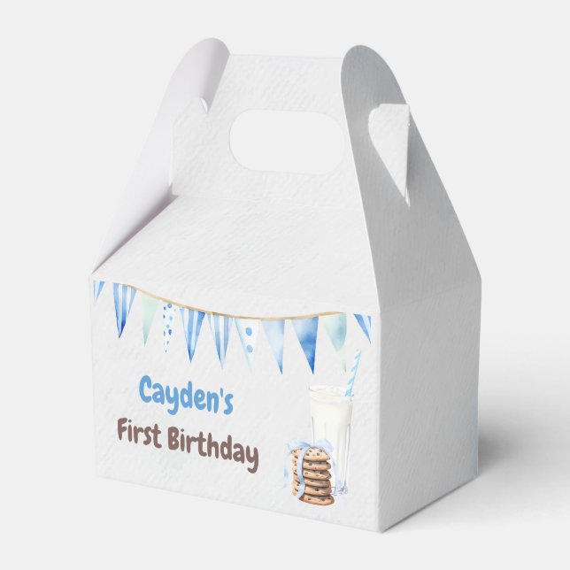 Milk and Cookies Boy First Birthday Party Favor Box (Front Side)