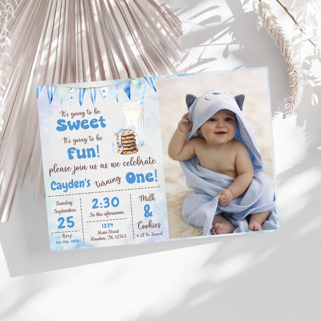 Milk And Cookies Boy First Birthday Party Photo Invitation (Creator Uploaded)