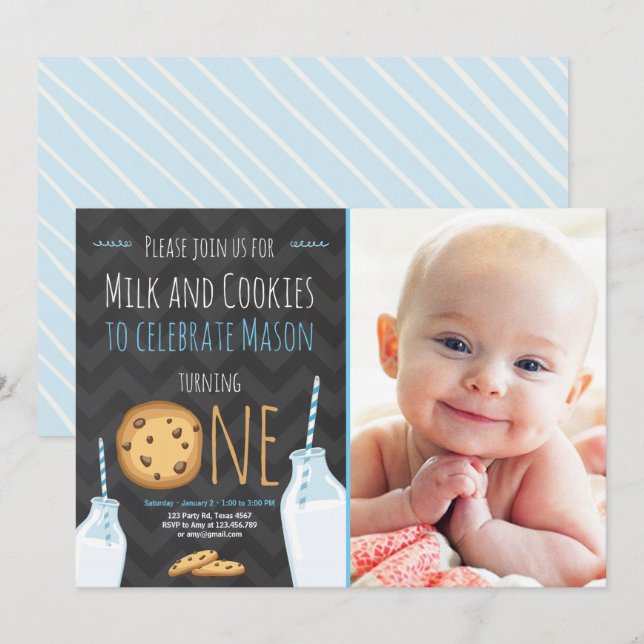 Milk and Cookies First Birthday Invitation Boy (Front/Back)