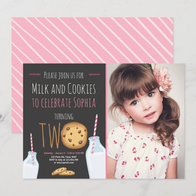 Milk and Cookies Girl Pink Second Birthday Invitation (Front/Back)