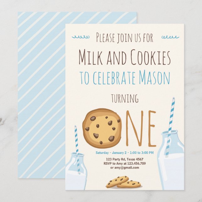 Milk and Cookies Party invitation Boy Birthday (Front/Back)