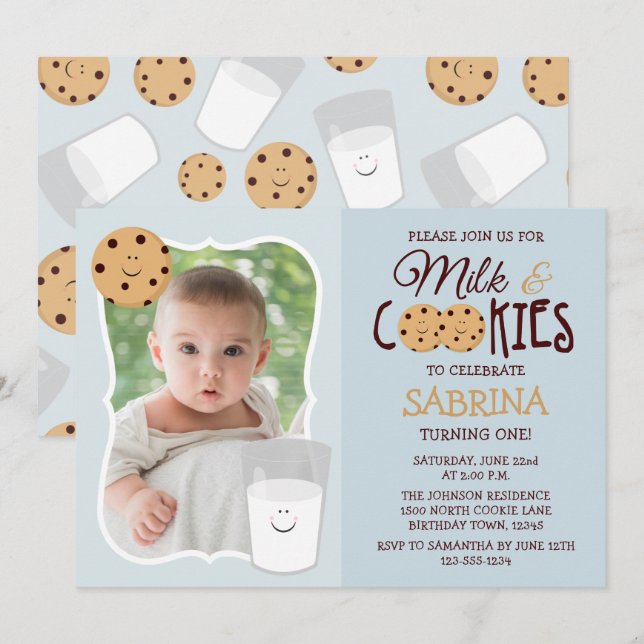 Milk and Cookies Photo Birthday Invitation (Front/Back)