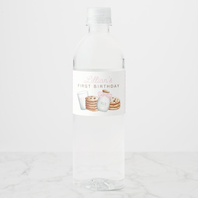 Milk and Cookies Pink Birthday Water Bottle Label (Front)