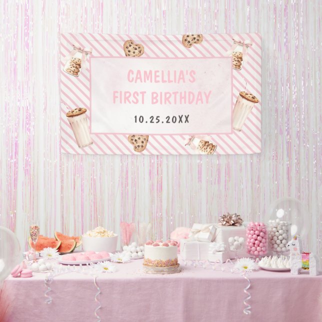 Milk and Cookies Pink First Birthday Party Banner (Party)