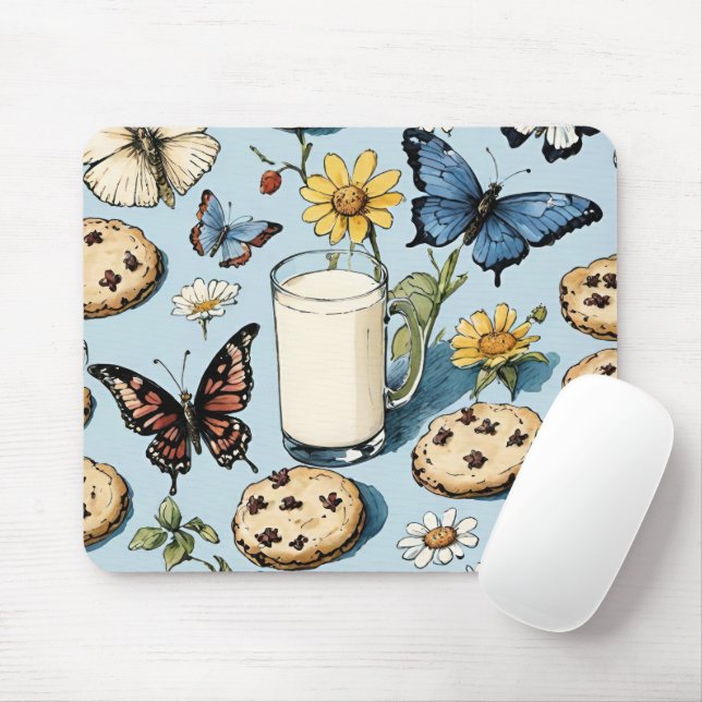 Milk and Cookies with Flowers and Butterflies Blue Mouse Pad (With Mouse)