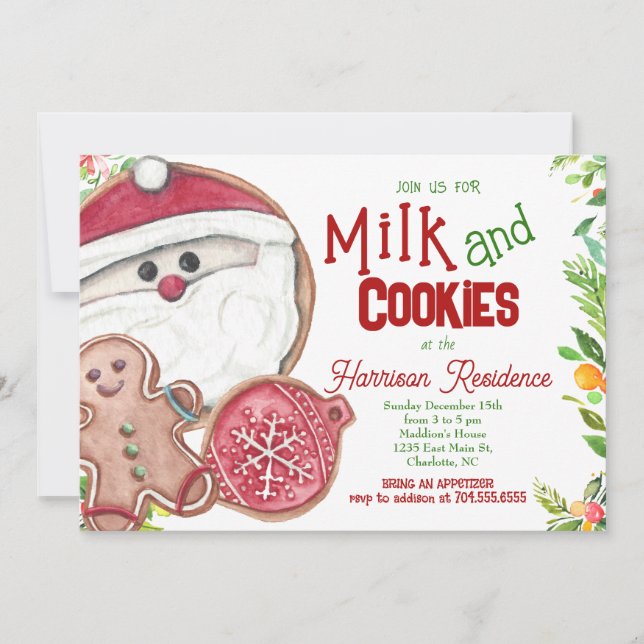 Milk and cookies with santa Christmas Party Invite (Front)
