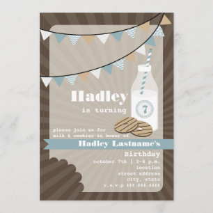 Milk & Cookies Birthday - Fudge Striped & Blue Invitation