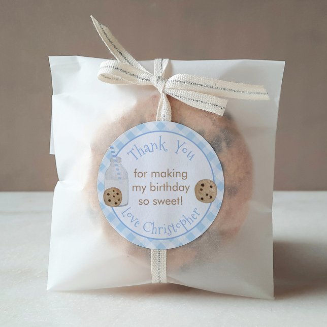 Milk & Cookies Birthday Party For Boy Thank You Classic Round Sticker (Milk and cookies with blue gingham boy birthday party thank you favor sticker)